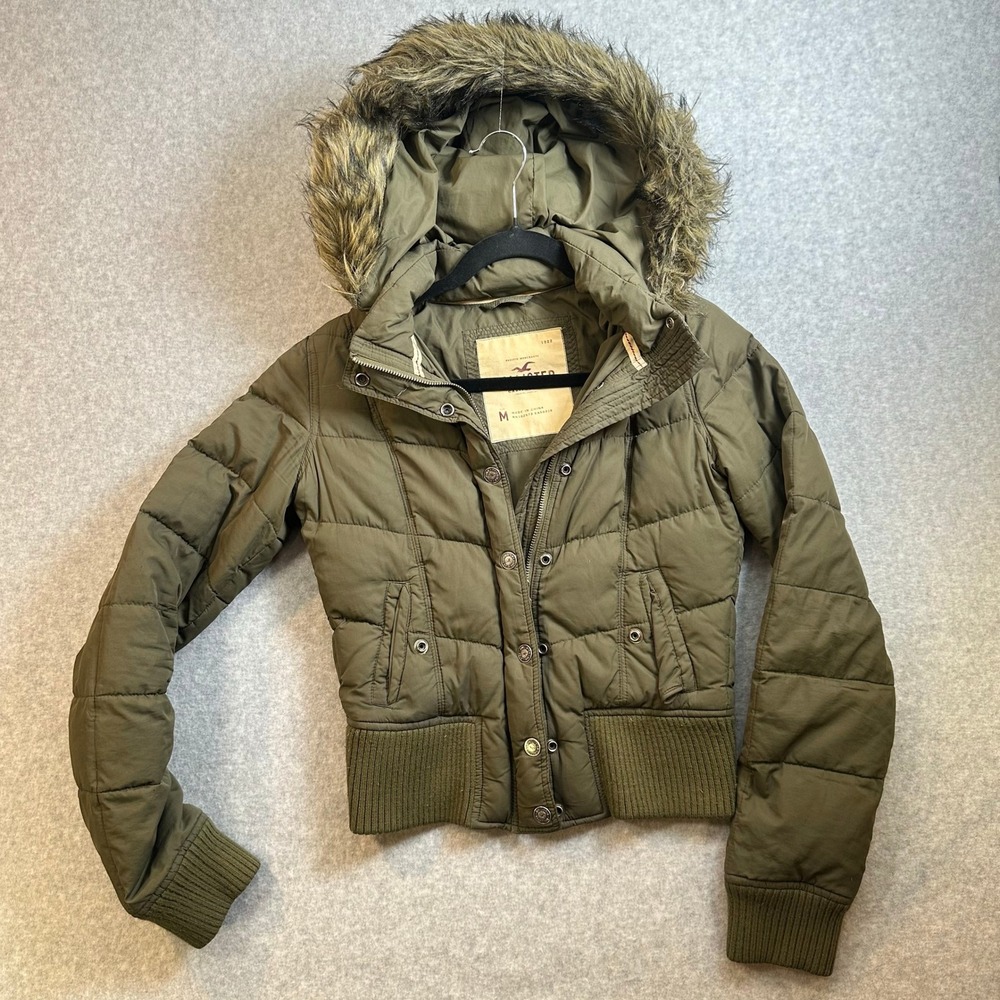 Hollister Olive Green Puffer Jacket Faux Fur Hood Ribbed Trim Size M RN102573